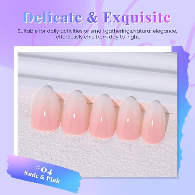 evpct Ombre Pink to Nude Press on Nails Short Almond, Short Almond Glossy Stick on Nails for Women Gift with Manicure Kit, Reusable Soft Gel Stick on Fake Nail with Ombre Designs Perfectly Fit