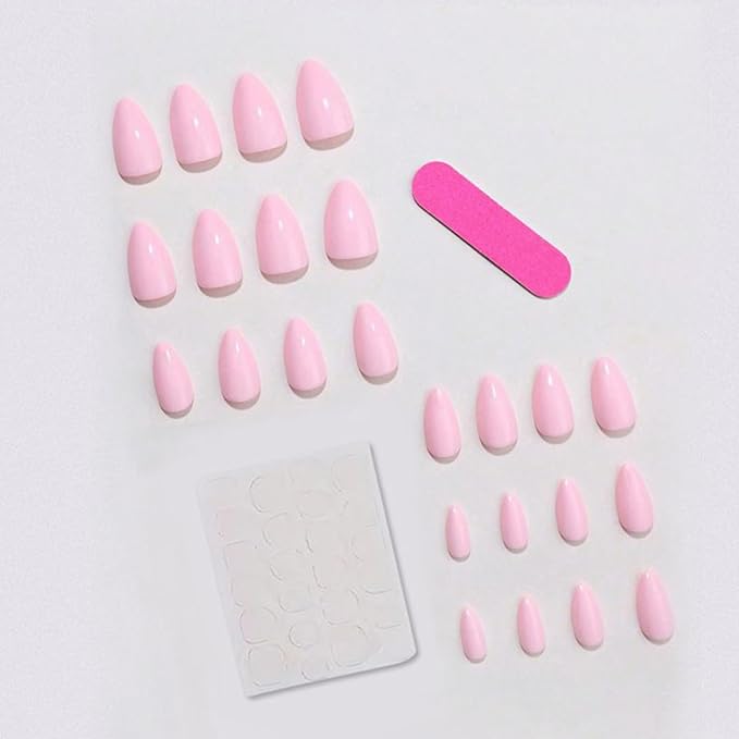 JONKASIPA Press on Medium Almond Shape, Pink Gel Nails, Glossy Short Tip Reusable Fake Nails, Acrylic Fake Nails Manicure Set, Designed for Women