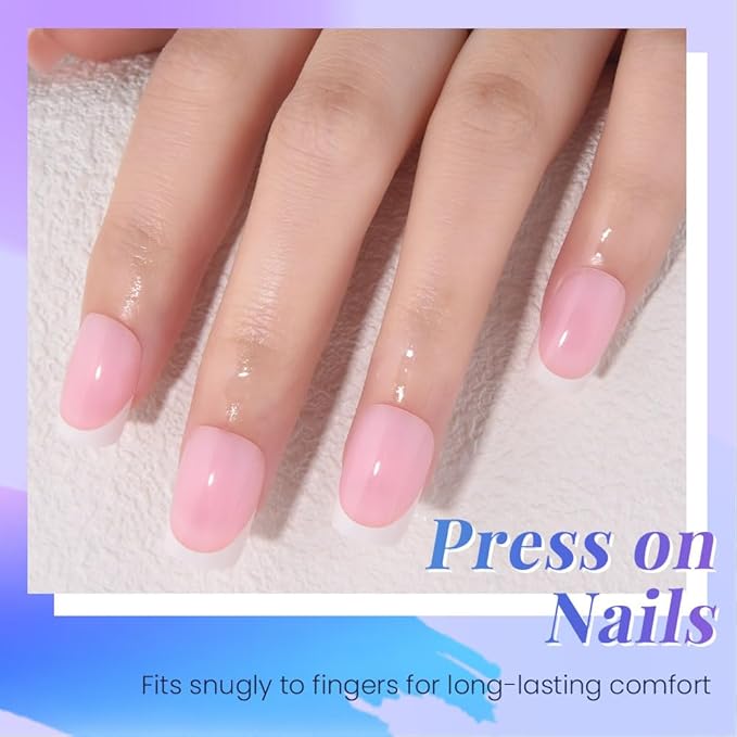 XZMeiLun Pink White French Tips Press on Nails, Short Square Acrylic Fake Nails Design, Natural Reusable Glue-On Nails Kit for Women DIY False Nail Art Decoration Gift, Salon Quality Reusable 32 Psc