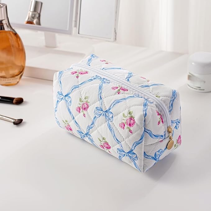 Cute Floral Makeup Bag Small Cotton Quilted Cosmetic Bag, Aesthetic Essential Bag Emergency Bag Gift for Women Girls Travel Accessories (Blue Bowknot Rose)