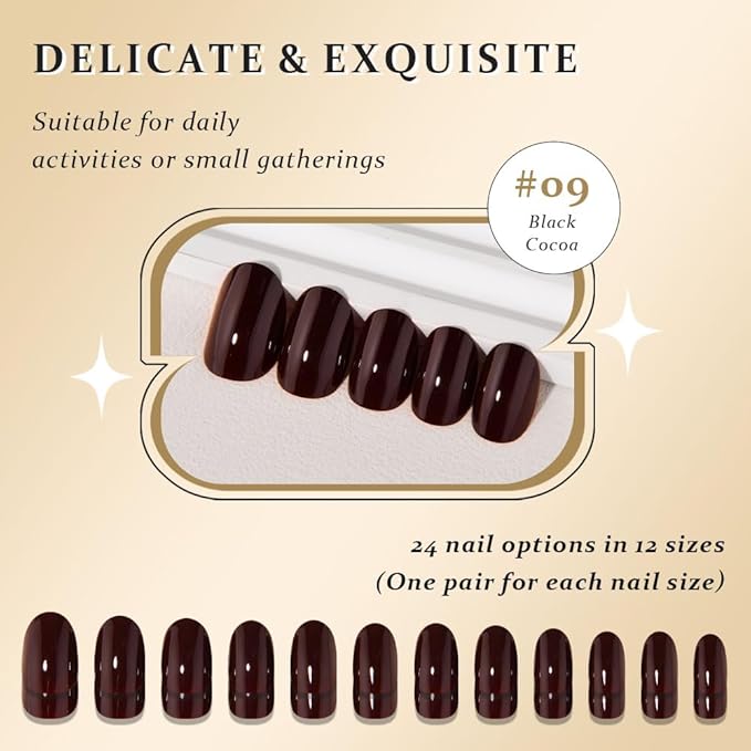 evpct Black Cocoa Medium Oval Glossy Press on Nails for Women Gift, Glossy Black Cocoa Fake Nail with Kits Manicure Kit, Soft Gel Full Cover Reusable Stick on Soft Acrylic False Nails Perfectly Fit