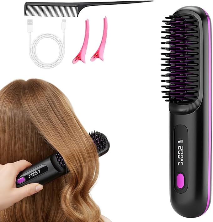 2026 New Cordless Hair Straightening with LCD Temperature Display, Fast Heating, Portable Hair Brushs for Travel (Black)