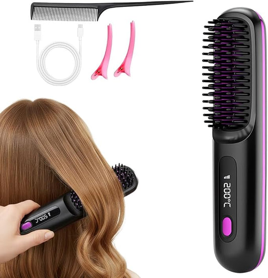 2026 New Cordless Hair Straightening with LCD Temperature Display, Fast Heating, Portable Hair Brushs for Travel (Black)