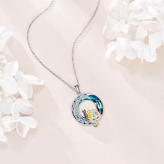 TOUPOP Cat Gifts for Cat Lovers One Two Three Four Cats Necklace Sterling Silver Cats on the Moon Pendant Necklace with Blue Circle Crystal Birthday Christmas Celtic Jewelry Gifts for Women