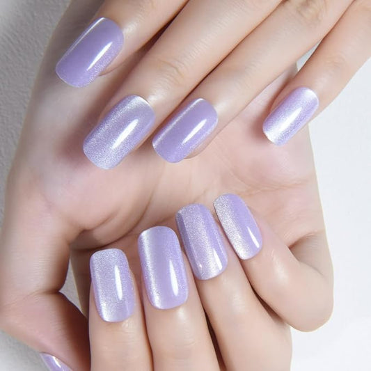 Orchid Purple Cat Eye Press on Nails Medium Square, Medium Square Press Stick on Nails Chrome for Women Gift, Orchid Holographic Glitter Glossy Reusable Acrylic Fake Nail with Cateye Effect Designs
