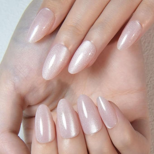evpct Cat Eye Press on Nails Almond Short, Cat Eye Stick on Nails Press on, Nude Pink Glitter Short Almond Press Stick on Nails, Fake Nails Press ons with Kits, 30Pcs Reusable Acrylic Fake Nails Kit