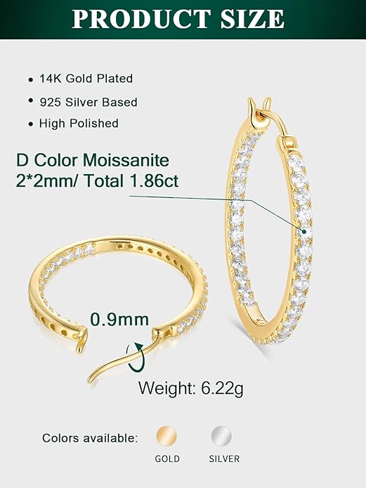 Wyyxl Womens Diamond Hoop Earrings, 20/25/30mm Small Hoop Sterling Silver Based Hypoallergenic Huggie Stud, Sparkle Moissanite 5a Cubic Zirconia Earings Jewelry for Woman Daily Party Wear