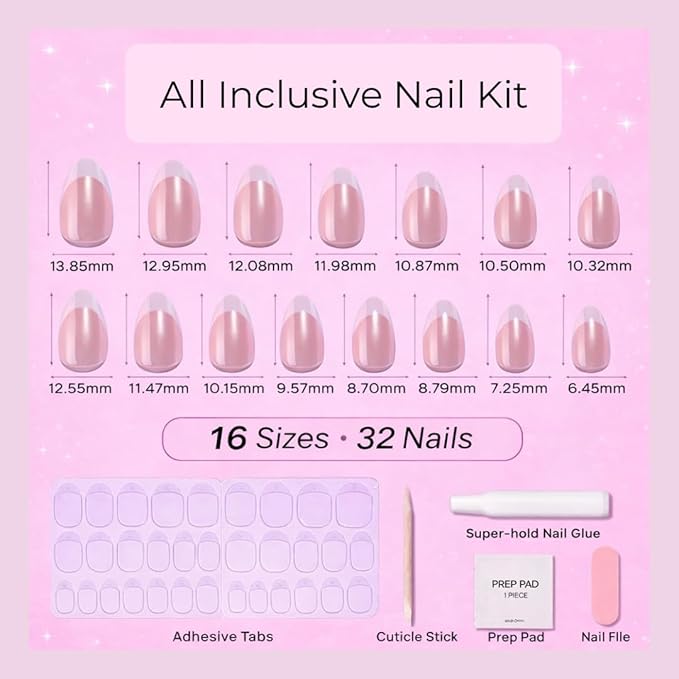 RPNZL Press On Nails - Pearl | Bubble Bath Medium Almond Fake Nails With Pearl Design, Reusable Salon Quality | 32 Nails, 16 Sizes Kit with Glue and Adhesive Tabs I Female Founded