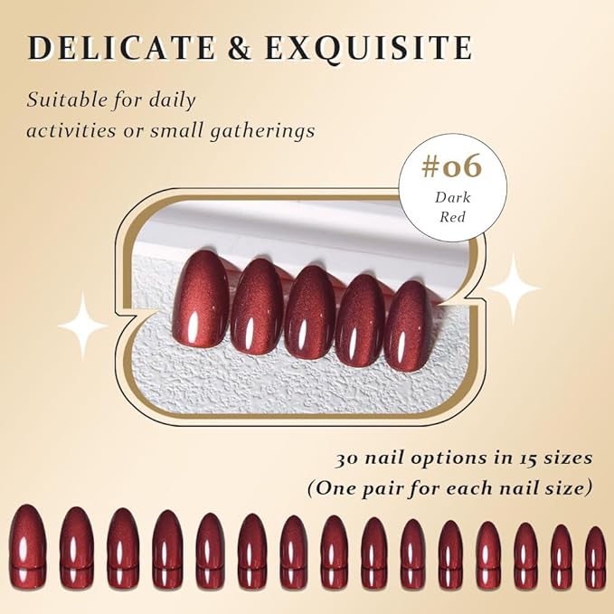 evpct Dark Red Press on Nails Almond Short, Dark Cherry Red Cat Eye Glitter Press on Nails for Women Gift, Soft Gel Press Stick on Nail with Nail Kit, Full Cover, 30Pcs Reusable Acrylic Fake Nails Kit
