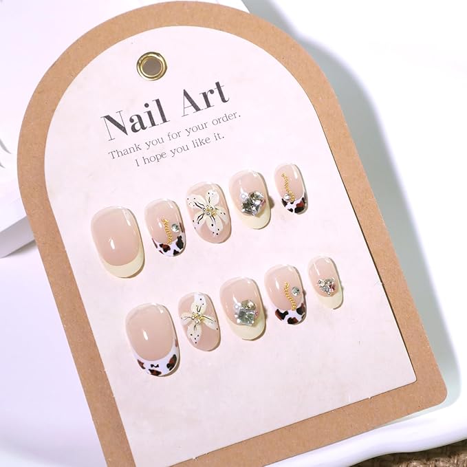24Pcs Leopard French Tip Press on Nails Shiny Rhinestones 3D Flower Designs Summer Short Round Fake Nails Yellow French Petal Floral False Nails Stick on Nails for Women Balls Parties Dates Wear