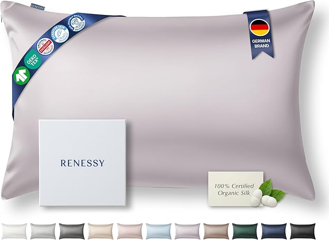 RENESSY Premium Silk Pillowcase 100% Organic Mulberry Silk, 22 Momme, Grade 6A - Oeko-Tex Certified in Germany - Luxury for Hair & Skin, 1 Piece (Queen Size 20x30 Inches, Pale Lavender)