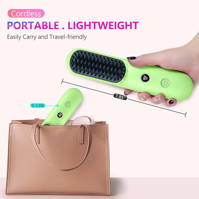 STUDLLY LCD Screen Cordless Hair Straightener Curler 2 in 1, Portable Mini Hair Straightening Brush for Travel Negative Ionic Fast Heating Hot Comb for Women, Folding Brush with Mirror, Green