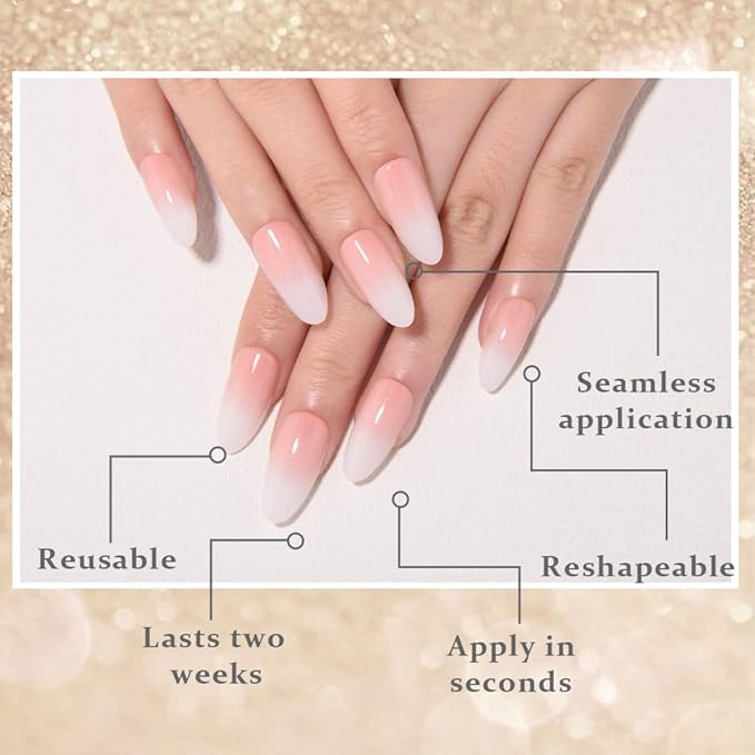 Ombre Pink to White Press on Nails Medium Almond, Medium Almond Glossy Stick on Nails Press on for Women with Manicure Kit, Reusable Acrylic Soft Gel Stick on Fake Nail with Ombre Design Perfectly Fit