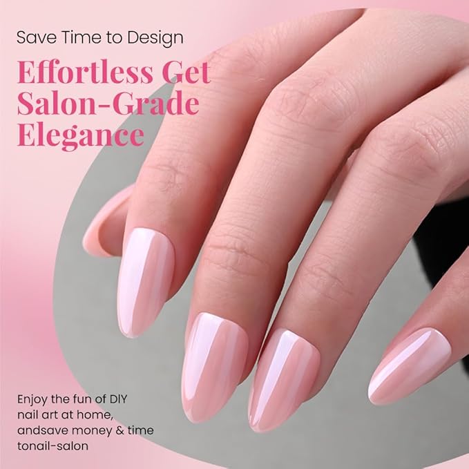 Press on Nails Short Almond - Nude Pink Chrome Glazed Glossy Press on Nail Tips Stick on Nails with Nail Kit for Gift, Reusable Stick On Nails in 15 Sizes 30 Full Cover Acrylic Soft Gel Fake Nails Kit