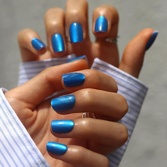 LAMIMOSA 32Pcs Cat Eye Press On Nails Short Square – Blue Nail Kit, Soft Gel Fake Nails in 16 Sizes, Reusable Glue on Nails, BLUE VELVET