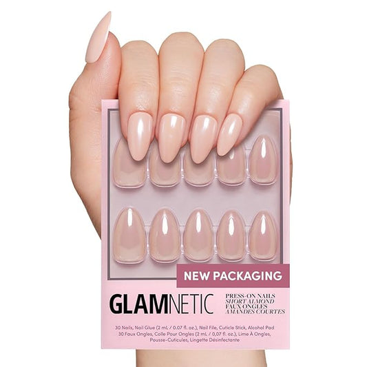 Glamnetic Press On Nails - Los Angeles | Solid Opaque Blush Nude Pink Short Almond Nails in Glazed Finish, Salon Quality | 15 Sizes - 30 Nail Kit