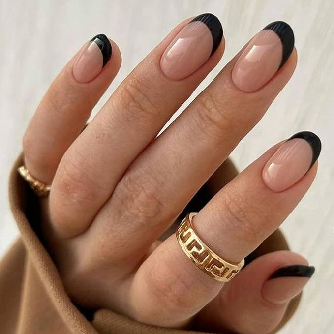 modelones Black French Tip Press On Nails, Short Oval Fake Nails Press Ons with Nail Glue, Adhesive Tabs, Nail File, Prep Pad, Manicure Stick, 32Pcs 16 Sizes