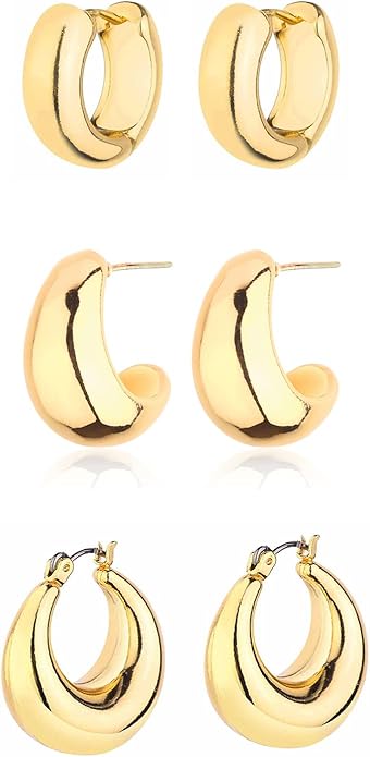 HILXURY Gold Chunky Hoop Earrings Set for Women, 14K Gold Plated Twisted Huggie Hoop Earring Hypoallergenic, Thick Open Hoops Set Lightweight