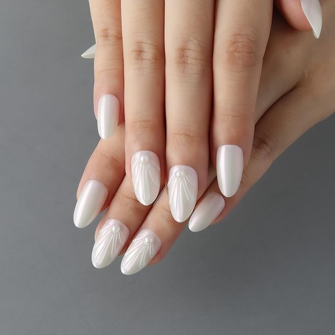 XZMeiLun 3D White Aurora Shell Press On Nails Almond Short, 3D Pattern Designer Reusable Acrylic Nails Press Ons, Fake Nails With Glue On, Daily Wear Floral False Nails For Women