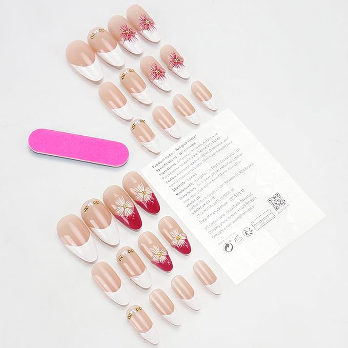 24Pcs White French Tip Press on Nails Almond Fake Nails Flower Pearl Design French Nails Press ons Cute Stick on Nails Medium for Summer, Acrylic Nails Full Cover Artificial Glue on Nails for Women