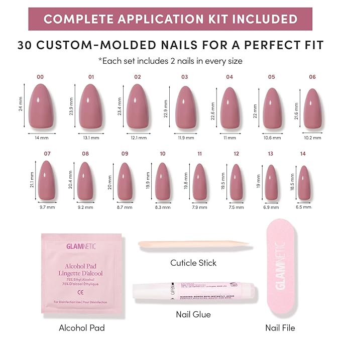 Glamnetic Press On Nails - Mauve Wife | Medium Almond Muted Purple Fake Nails, Salon Quality Nails | 15 Sizes - 30 Nail Kit with Glue