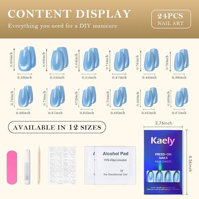 evpct Sky Blue Cat Eye Coffin Press on Nails Square Medium, Medium Square Stick on Nail for Women Gift, Sky Blue Metallic Glitter Glossy Reusable Summer Soft Gel Press on Acrylic Fake Nail with Design