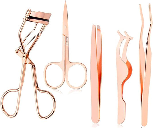 Arroyner 5 Pieces Eyelash Applicator Tool False Eyelashes Applicator Eyebrow Curler Eyebrow Scissors (Rose Golden)