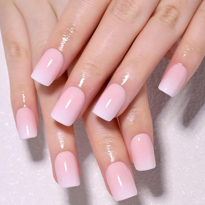 XZMeiLun Pink White Ombre French Tip Press on Nails, Short Square Acrylic Fake Nails Design, Natural Reusable Nails Kit for Women DIY False Nail Art Decoration Gift, Salon Quality Reusable 15/30 Psc