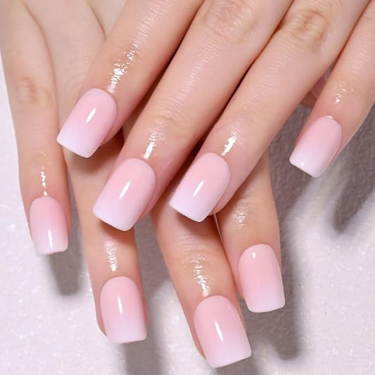 XZMeiLun Pink White Ombre French Tip Press on Nails, Short Square Acrylic Fake Nails Design, Natural Reusable Nails Kit for Women DIY False Nail Art Decoration Gift, Salon Quality Reusable 15/30 Psc