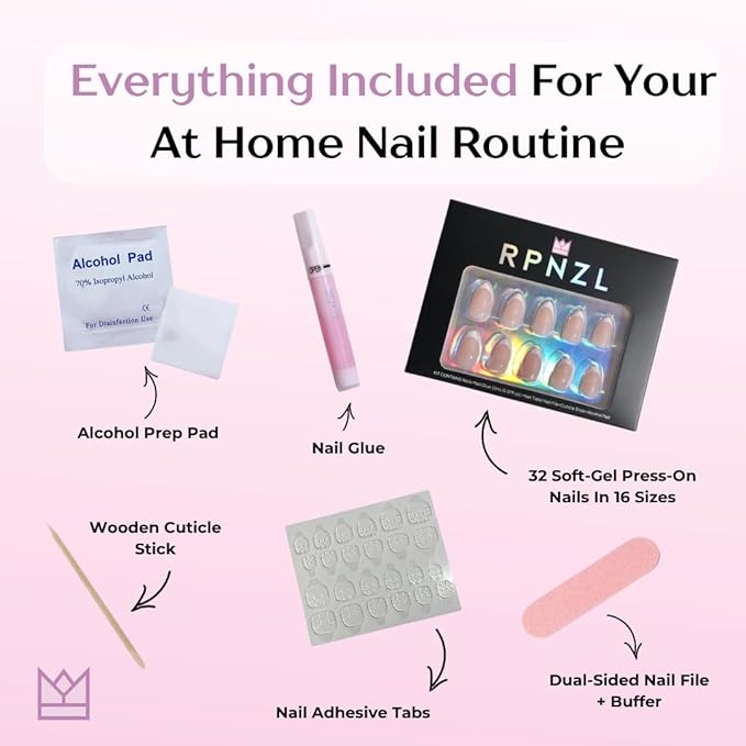 RPNZL Press On Nails - Frenchie Kiss | Classic French Manicure, UV Finish Square Nails, Reusable, Salon Quality | 32 Nails, 16 Sizes Kit with Glue and Adhesive Tabs