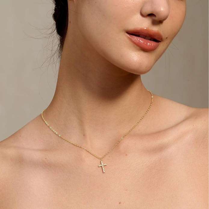 Tewiky Cross Necklace for Women-Dainty Simple 14k Gold Plated/sterling silver Plated Cross Pendant Cute Necklaces Jewelry for Women
