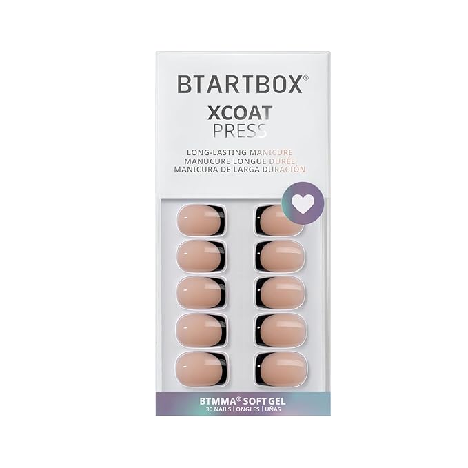 French Tip Press On Nails - BTArtbox Jelly Square Fake Nails with Nail Glue, Reusable Semi-Transparent Stick On Nails in 15 Sizes - 30PCS Soft Gel Glue On Nails Kit, Classic Black