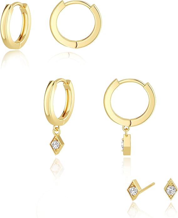 Freekiss 3 Pairs Gold Hoop Earrings Set: Dainty Stud Earrings Trendy Small 14K Gold Plated Hypoallergenic Dangle Cartilage Huggie Hoop Earrings for Women Gold Jewelry for Women Gifts