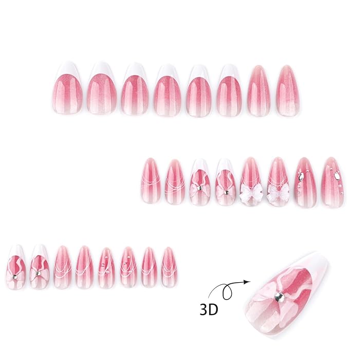 24pcs Pink Glitter French Tip Press on Nails Medium Almond Fake Nails Glossy Gradient False Nails with Rhinestones Design Bow Stick on Nail Glue on Nails Acrylic Artificial Nail for Women