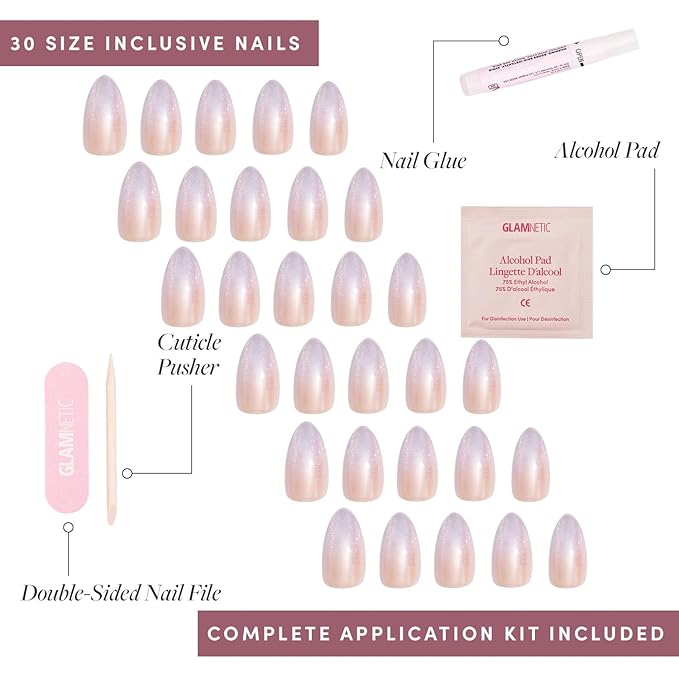 Glamnetic Press On Nails - Polar Day | Short Almond Fake Nails with Ombré Lilac Tips and Glossy Velvet Finish, Salon Quality | 15 Sizes - 30 Nail Kit with Glue
