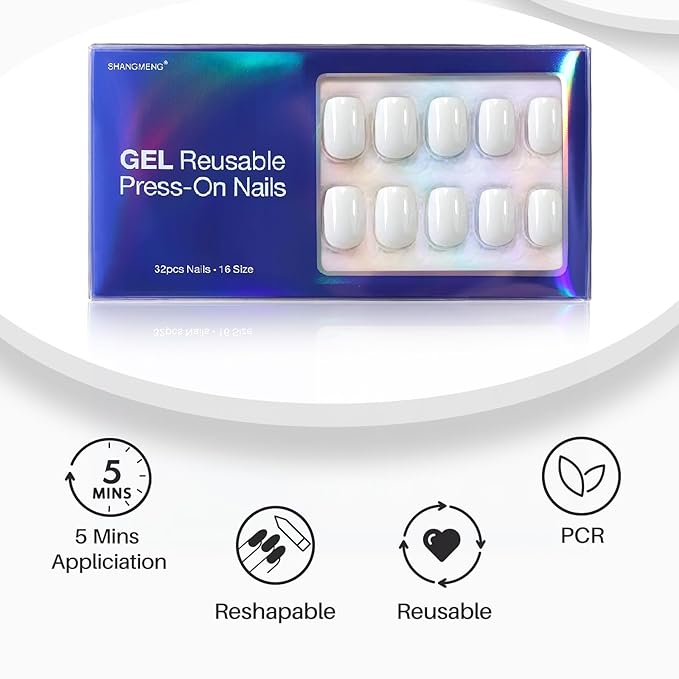 SHANGMENG White Press on Nails Short - Soft Gel Valentine Square Press on Nails for Women Gift, Fit Perfectly & Natural Glue on Nails in 16 Sizes - 32 Reusable Fake Nails Kit with Glue, Classic White