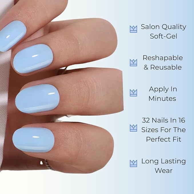 RPNZL Press On Nails - Cloud Nine | Opaque Soft Pale Sky Blue Short Oval Fake Nails, Salon Quality | 32 Nails, 16 Sizes Kit with Glue and Adhesive Tabs I Female Founded