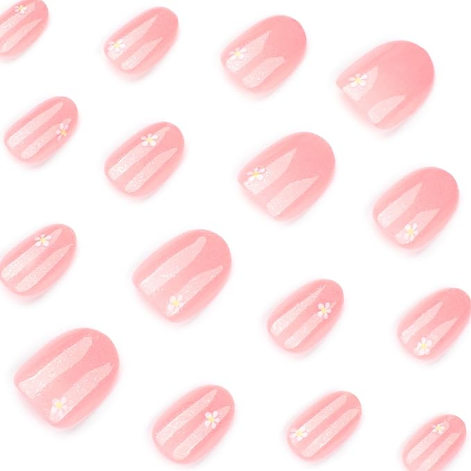 XZMeiLun Pink Glitter Press On Nails Almond Squoval, White Flower Pattern Designer Reusable Acrylic Nails Press Ons, Fake Nails With Glue On, Daily Wear Floral False Nails For Women