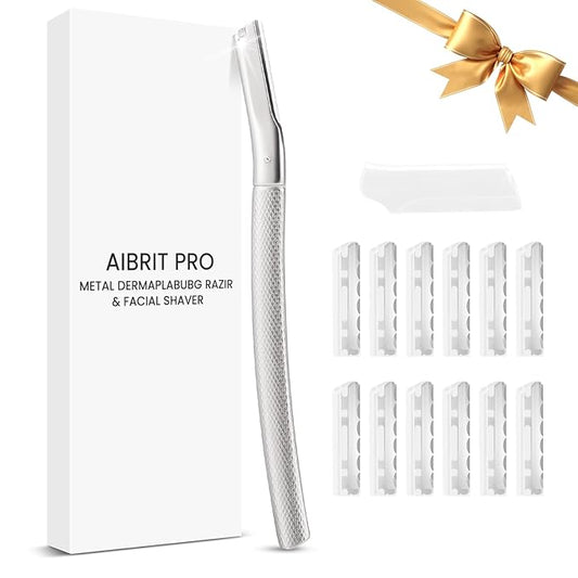 AIBRIT PRO Dermaplaning Tool for Face, Dermaplane Razor for Peach Fuzz with Metal Grip, Professional Eyebrow Razor for Women, Facial Razor for Women Silver (12 Replaceable Blades)