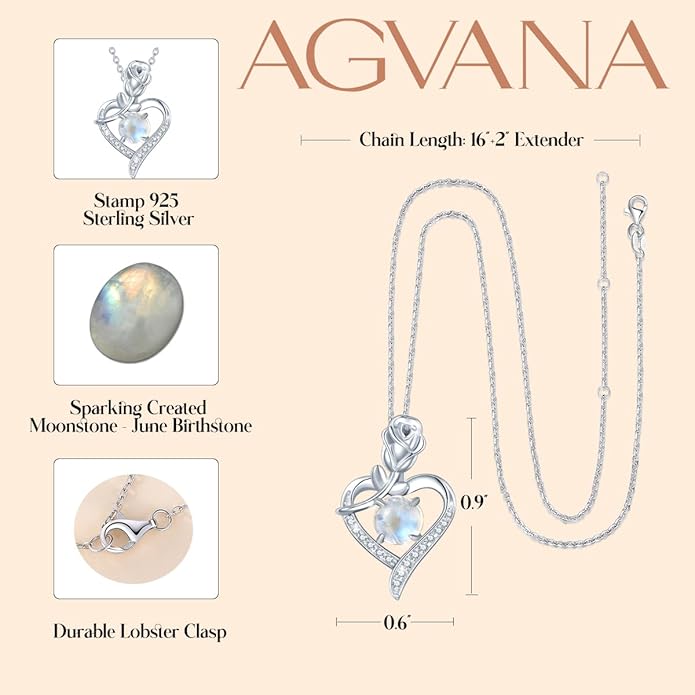 AGVANA Christmas Gifts Rosy Reverie Birthstone Necklace for Women Sterling Silver Genuine or Created Gemstone Rose Flower Heart Pendant Necklace Anniversary Birthday Gifts for Women Mom Wife Her