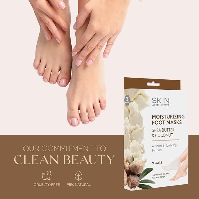 Skin Aesthetics Shea Butter & Coconut Foot Masks - Moisturizes & Repairs Cracked Feet, Hydrating & Exfoliating - Dermatologist Tested Korean Skincare - Clean Beauty, Cruelty-Free - 3 Pairs