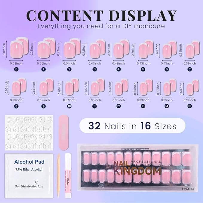 XZMeiLun Pink White French Tips Press on Nails, Short Square Acrylic Fake Nails Design, Natural Reusable Glue-On Nails Kit for Women DIY False Nail Art Decoration Gift, Salon Quality Reusable 32 Psc