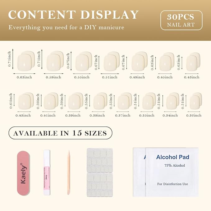 evpct Acrylic Beige Glossy Press on Nails Short Square, Glossy Beige Fake Nails Reusable False Nail Stick on Press ons for Women Gifts, Perfectly Fit Durable False Nail Kit with Gel Gel 30Pcs