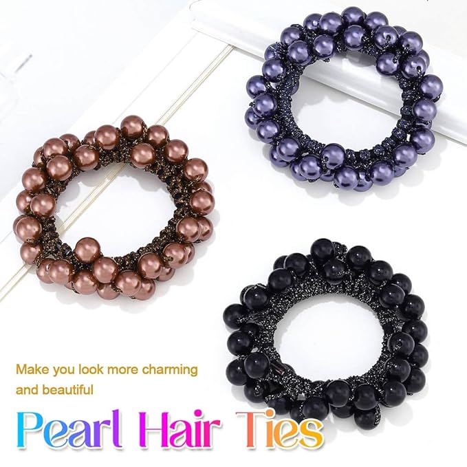 CAKURE Beaded Hair Ties Pearl Ponytail Holders Pearl Hair Accessories for Women (Pack of 3)