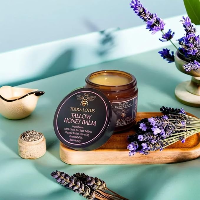 Organic Grass-Fed Beef Tallow Balm with Raw Honey - Moisturizing Cream for Soft, Smooth Skin - Handmade All-Natural Moisturizer (2 Oz, Lavender)