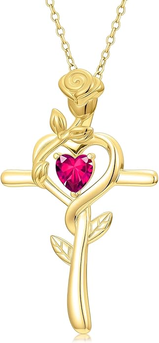 Midari 18K Yellow Gold Cross Pendant Rose Birthstone Necklaces for Women Christian Cross Jewelry with 12 Months Birthstone Birthday Gifts for Wife Her Daughter Mom