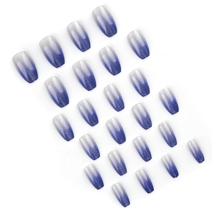 Coffin Press on Nails Medium - Blue Fake Nails with Ombre Glitter Deisgn - Gloosy Full Cover Stick on False Nails - for Women 24 Pcs