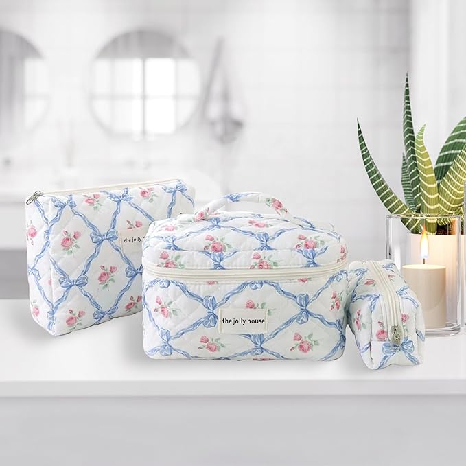 LAKSMI 3PCS Cotton Quilted Floral Makeup Bag Set for Women, Cute Make Up Bags with Brush Pockets, Large Wide-Open Toiletry Pouch Gifts for Toiletries Accessories Travelling Essentials