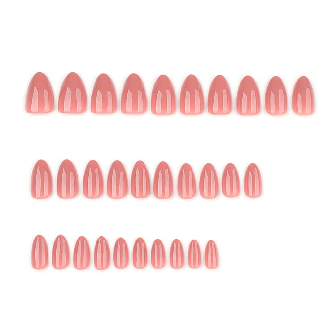 JONKASIPA Pink Pressed Gel Nails French Almond Shaped False Nails, Reusable Feminine Nail Art - Set of 24 Pcs Medium Nails