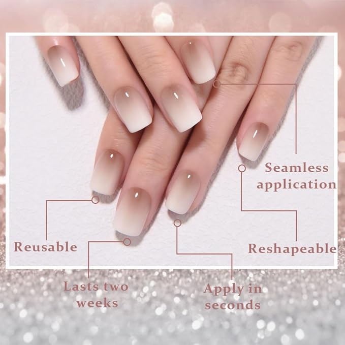 evpct Ombre Nude to Brown Press on Nails Extra Short, Petite Short Square Glossy Stick on Nails for Women Gift with Manicure Kit, Reusable Soft Gel Stick on Fake Nail with Ombre Designs Perfectly Fit